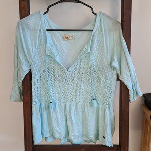 Hollister Lace Light Turquoise Top with Tassels and 3/4 Length Sleeves